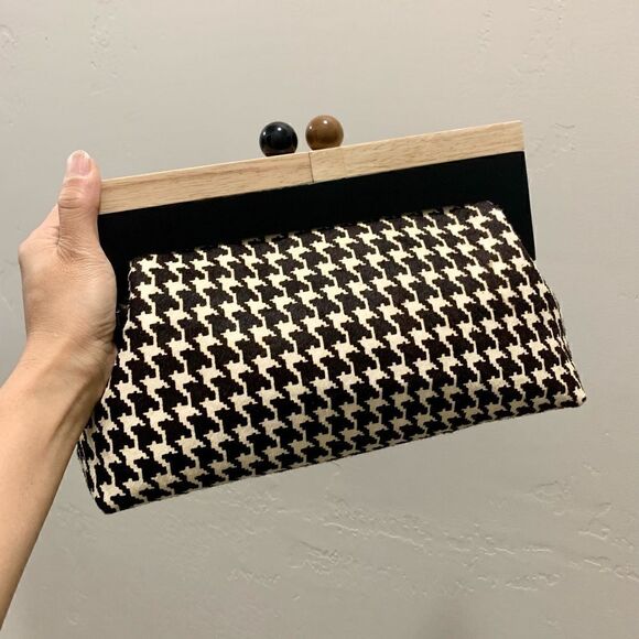 Houndstooth Real Hair-on-horsehide Handmade Wooden Frame Clutch/Shoulder Bag - Picture 2 of 15